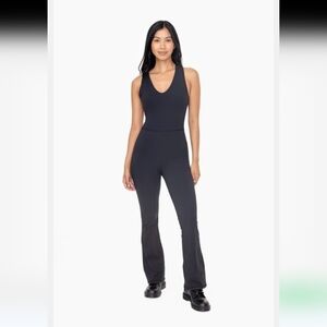 Mono B Back Twisted Knot Flare Leg Stretch Black Workout Bodycon Jumpsuit Sz M